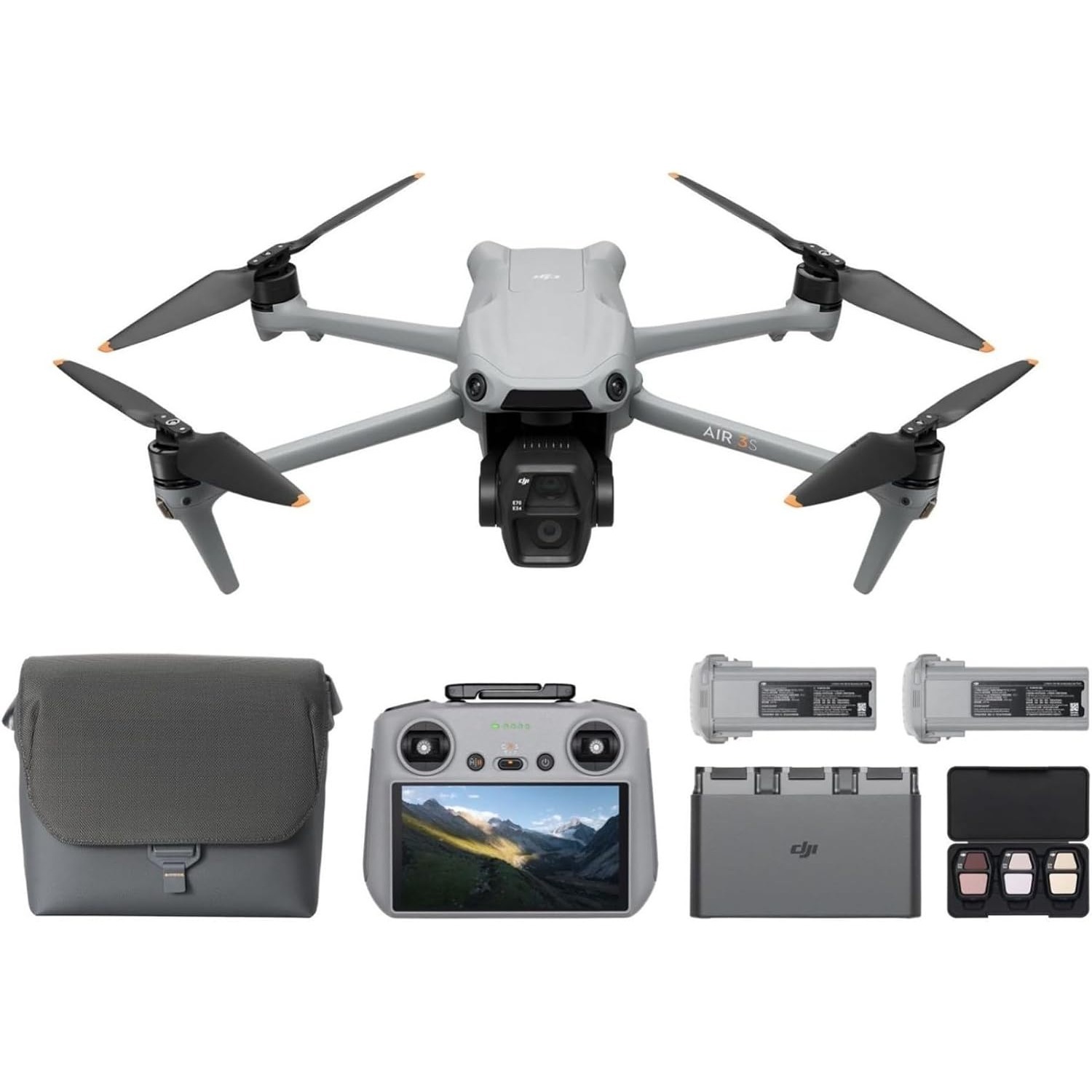 Drone Battery 3S - DJI Air 3S Fly Moreコンボ（RC 2スクリーンリモコン）、大人向け1インチCMOS広角＆中望遠カメラ搭載ドローン、4K/60fps、全方向センシング＆3つのバッテリーで飛行時間延長可能