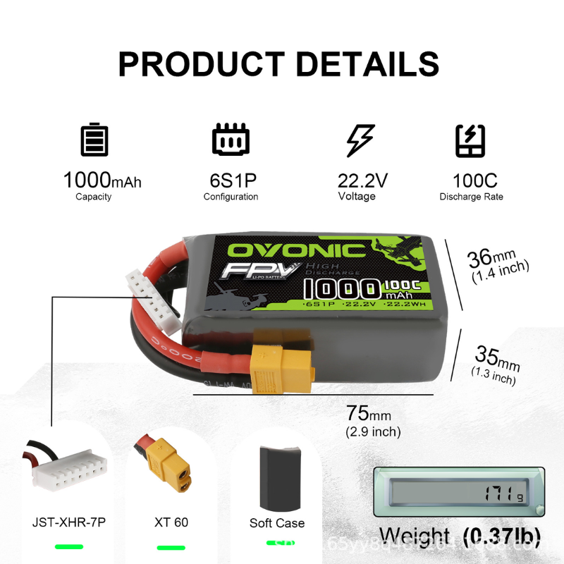 2 個 OVONIC 1000mAh 100C 22.2V  - Drone Battery 6S のレビューと価格